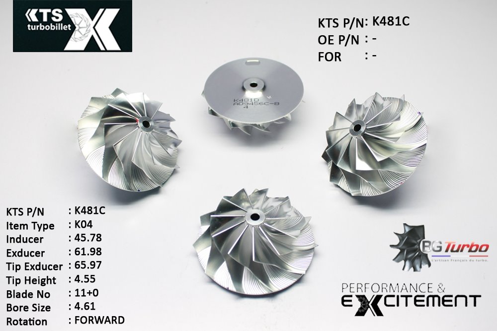 Turbo ROUE FORGÉE MFS PERFORMANCE - 11+0 PALES - INDUCER : 45,78 - EXDUCER : 61,98 - TYPE : K04ANGLE : 50° - ROTATION : Forward - SUPER BACK : 2,67 - BORE SIZE : 4,61
